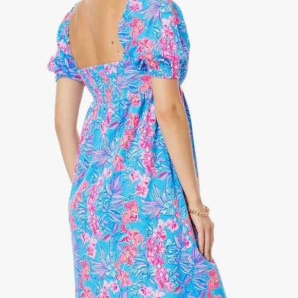 Lilly Pulitzer Delaney Puffed Sleeve Smocked Blue Orchid Midi Dress - Picture 6 of 8